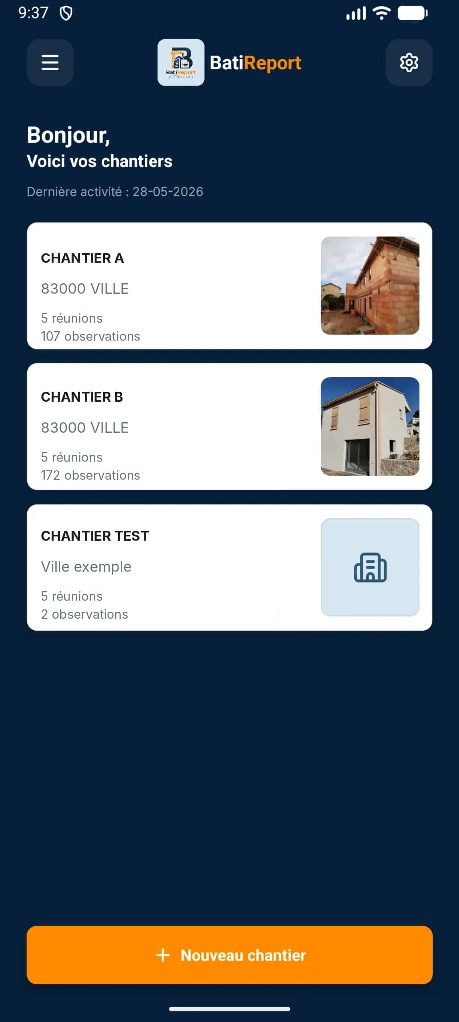 Accueil smartphone avec accès aux chantiers et réunions
