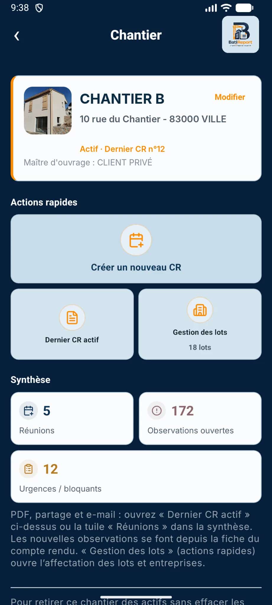 Détail d'un chantier sur smartphone