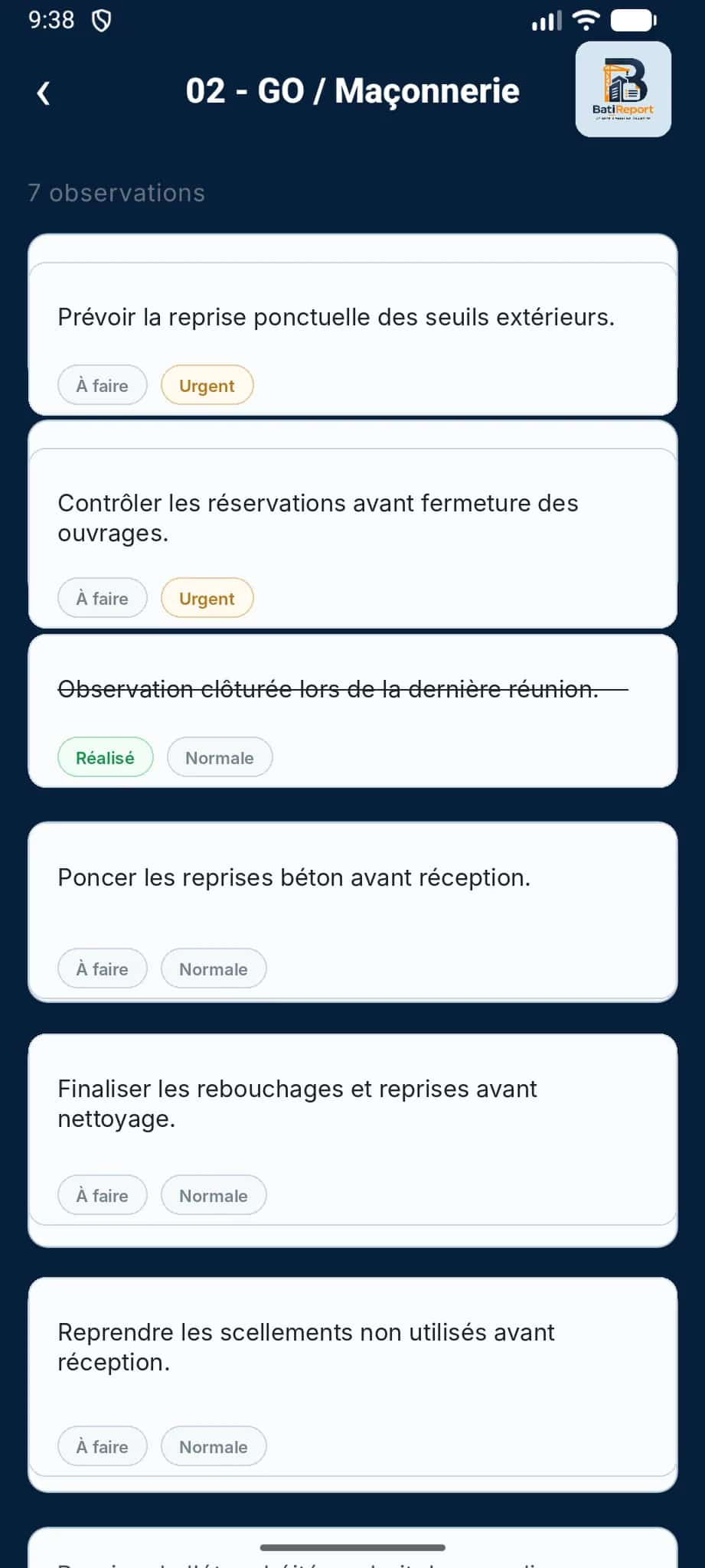 Capture de l'application BatiReport sur Android