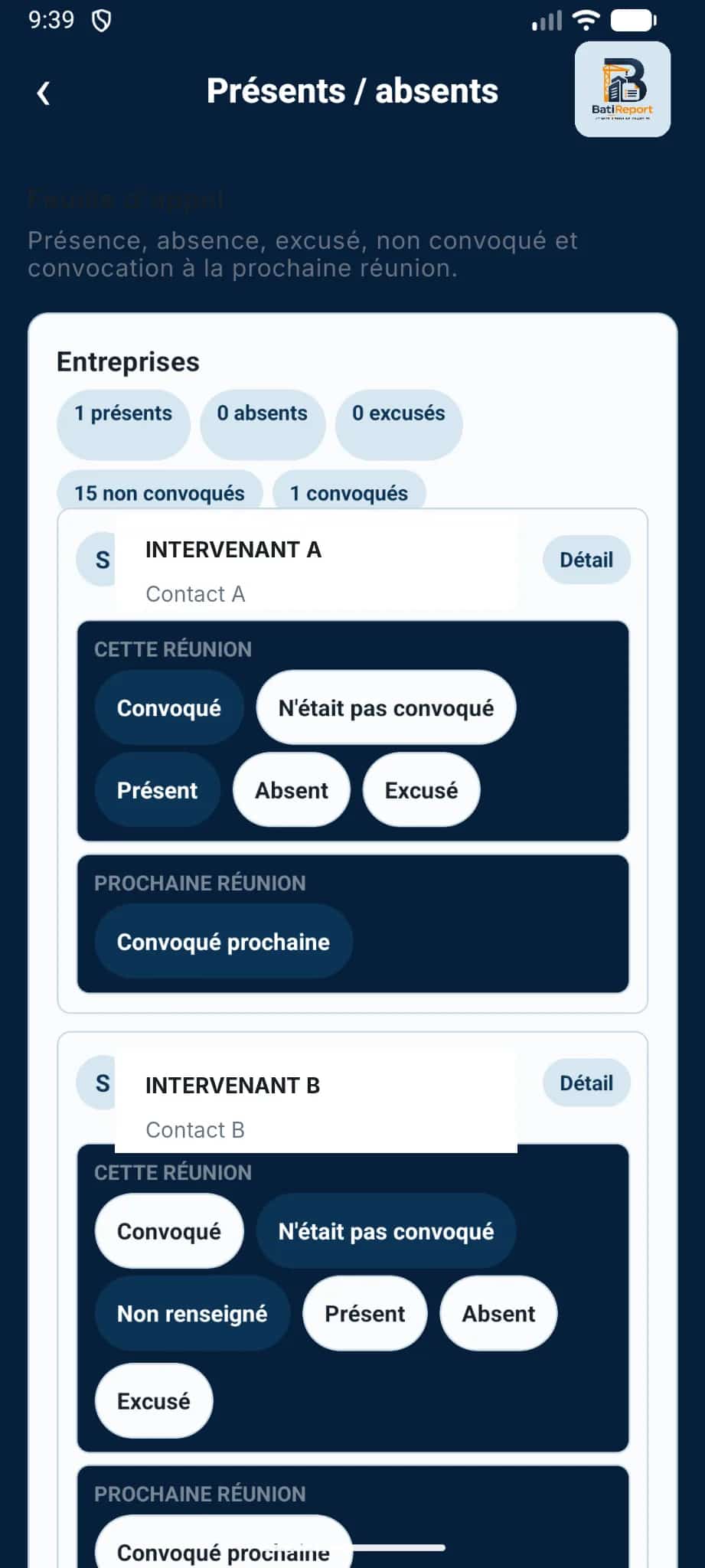 Liste des présents et absents de réunion sur smartphone