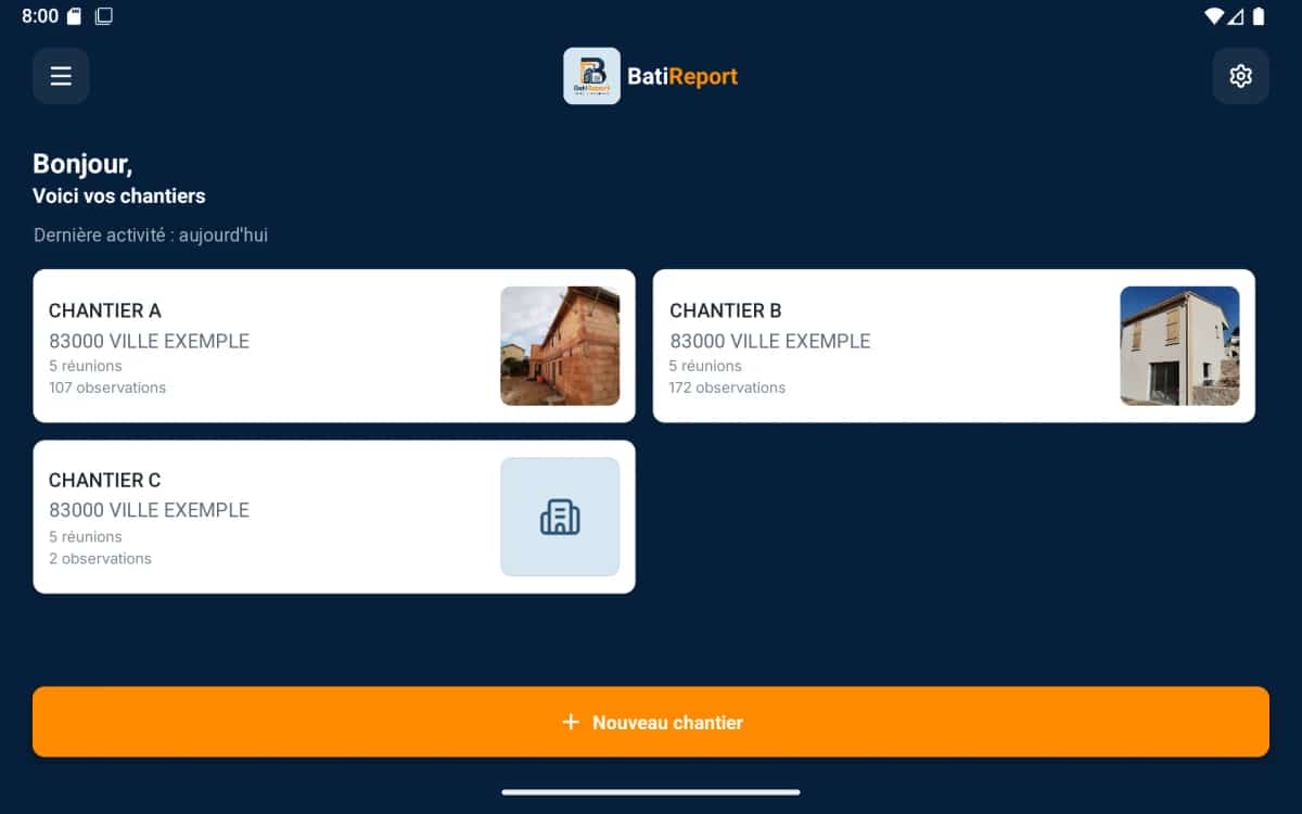 Accueil tablette avec accès rapide aux chantiers et réunions