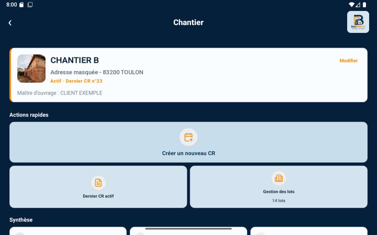 Détail d'un chantier sur tablette avec données de suivi