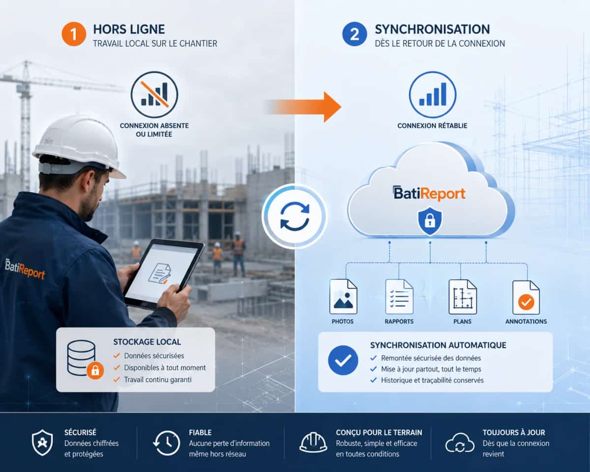 Synchronisation cloud des comptes rendus de chantier après travail hors ligne
